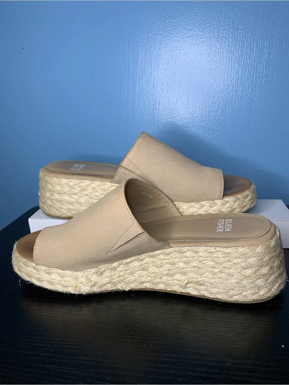Eileen Fisher Tan Espadrille Platform Slide Sandals